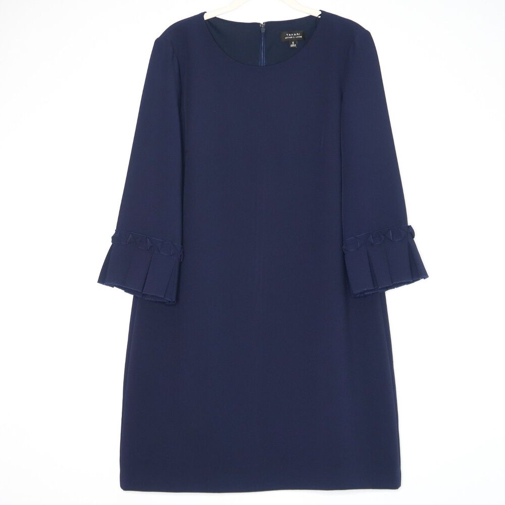 Tahari ASL Womens Mini Sheath Dress Size 8 Blue Long Bell Sleeve Office Formal